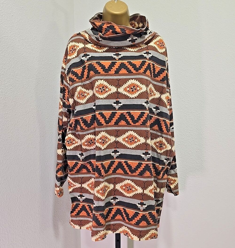 90's 100% Cotton Pullover Knit Tunic Size 24 TurtleNeck SouthWestern Aztec Print